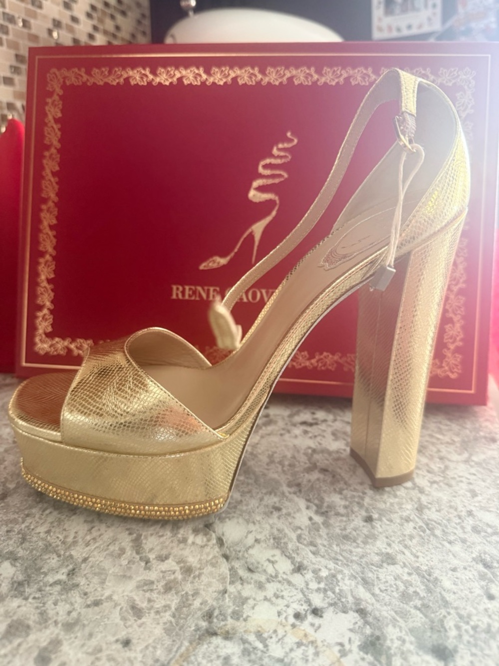 Rene Caovilla Metallic Gold Platform Slingback Sandals